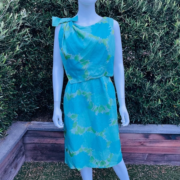 Vintage Blue Green Dress With Shoulder Bow - Picture 3 of 11